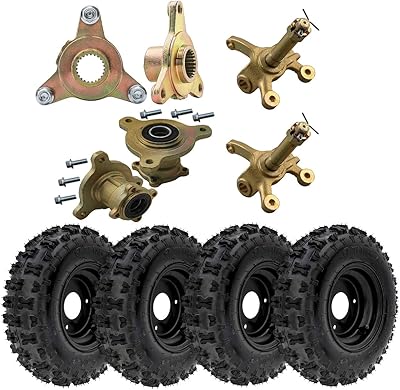 4pcs 410-6 4.10-6 Go-kart Tire and Wheel with Rim & Front Steering Knuckles Spindle & 23T Rear Axle Wheel Hub for Go Kart ATV Quad Buggy Lawn Mower Scooter Drift Bike