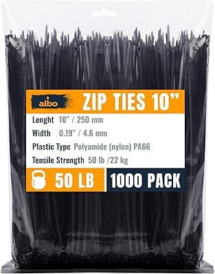 ALBO Zip Ties Black 10 Inch 1000 Pack 50 lb, Long Plastic Cable Ties Thick 0.19 Inch Tie Wraps Heavy Duty UV Resistant Nylon Wire Ties for Indoor and Outdoor